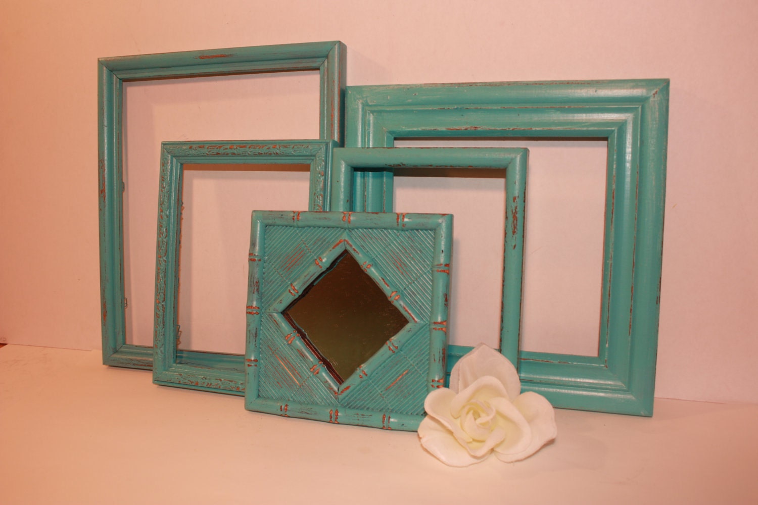 Aqua Seafoam Turquoise Teal Picture Frame Mirror Set Paris French Beach Cottage Shabby Chic Country Rustic Spring Summer Coastal
