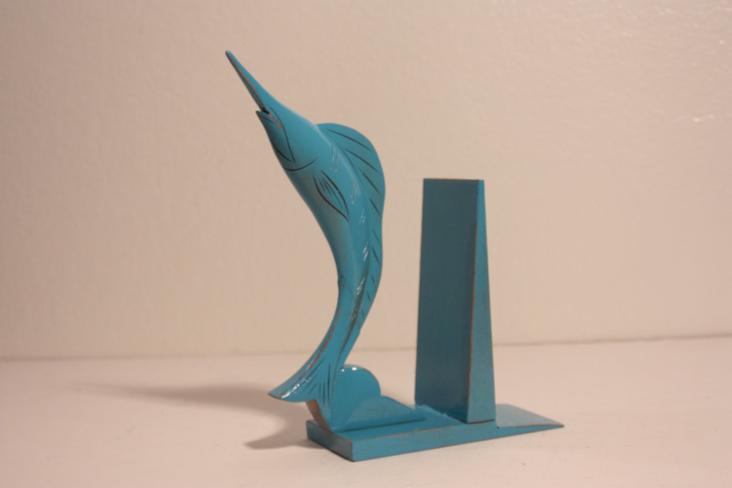Aqua Turquoise Teal Rustic Swordfish Bookend Carved Wood Distressed Book End Beach Cottage Coastal Florida Home Decor Island Decoration
