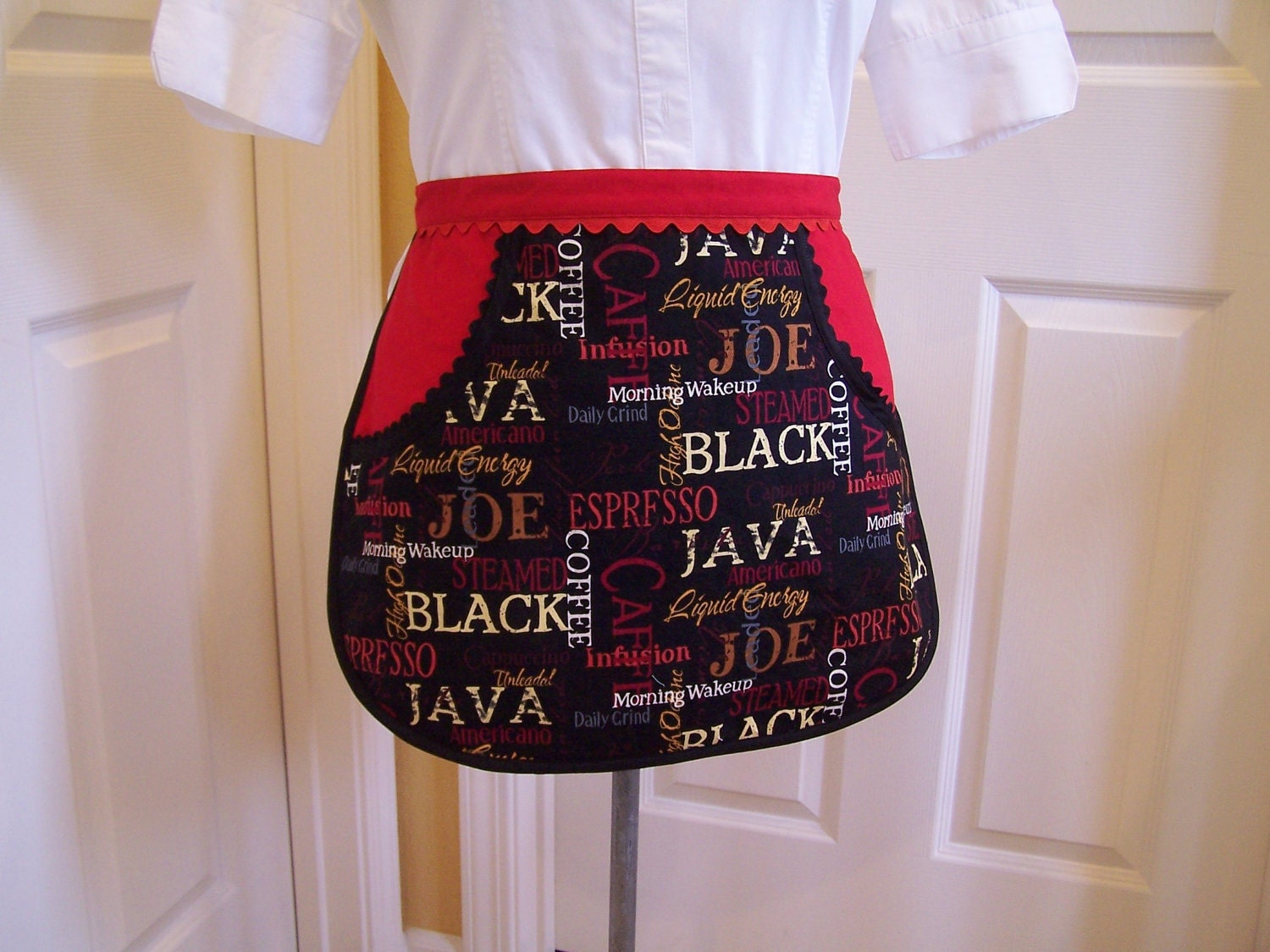 Espresso Women's Half Apron, Black and Red Utility apron, craft apron, One big Pocket apron, Ready to ship