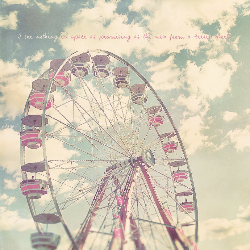 Pink Ferris Wheel Photo Art Print Carnival Summer Whimsical Clouds Blue Skies - 8 x 10