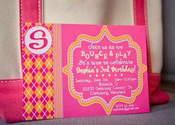 BOUNCE HOUSE Birthday Invitation, Pink and Orange, PRINTABLE by Libby Lane Press Il_570xn