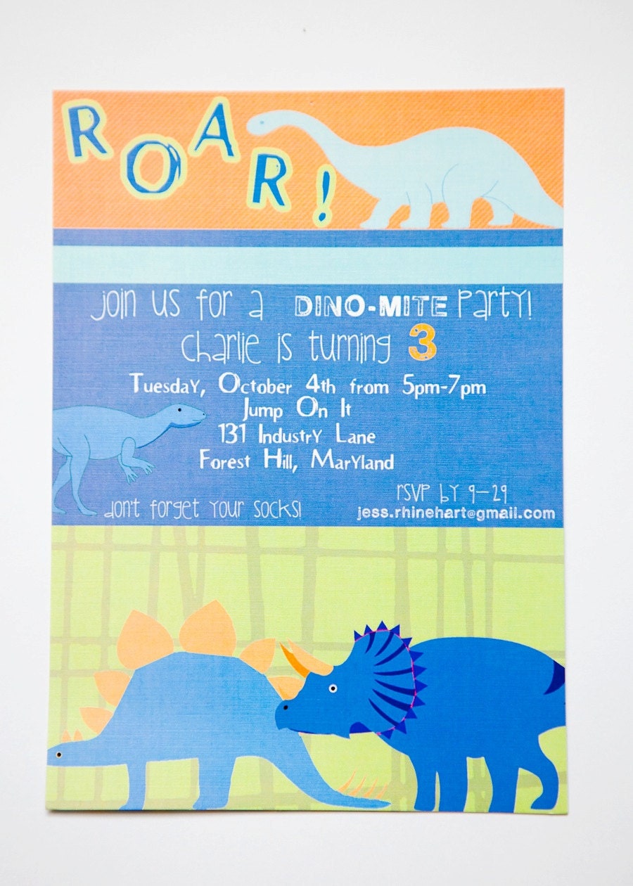 DINOSAUR Birthday INVITATION, Blue & Orange , PRINTABLE by Libby Lane Press Il_570xn