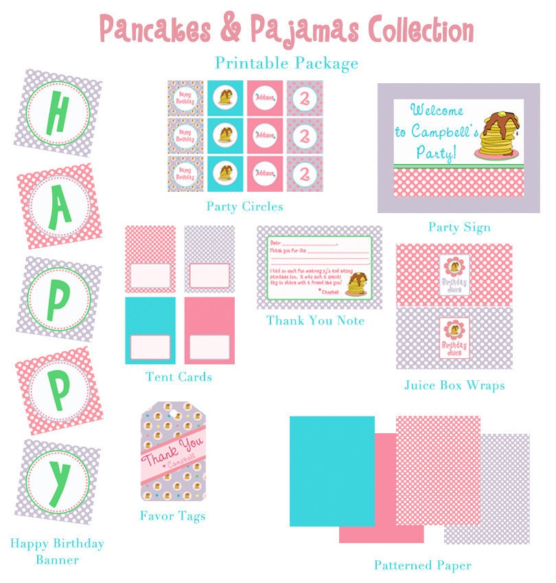 PANCAKES & PAJAMAS Birthday Party - Purple/Pink - PRINTABLE Collection - as seen on Pizzazzerie Il_570xn
