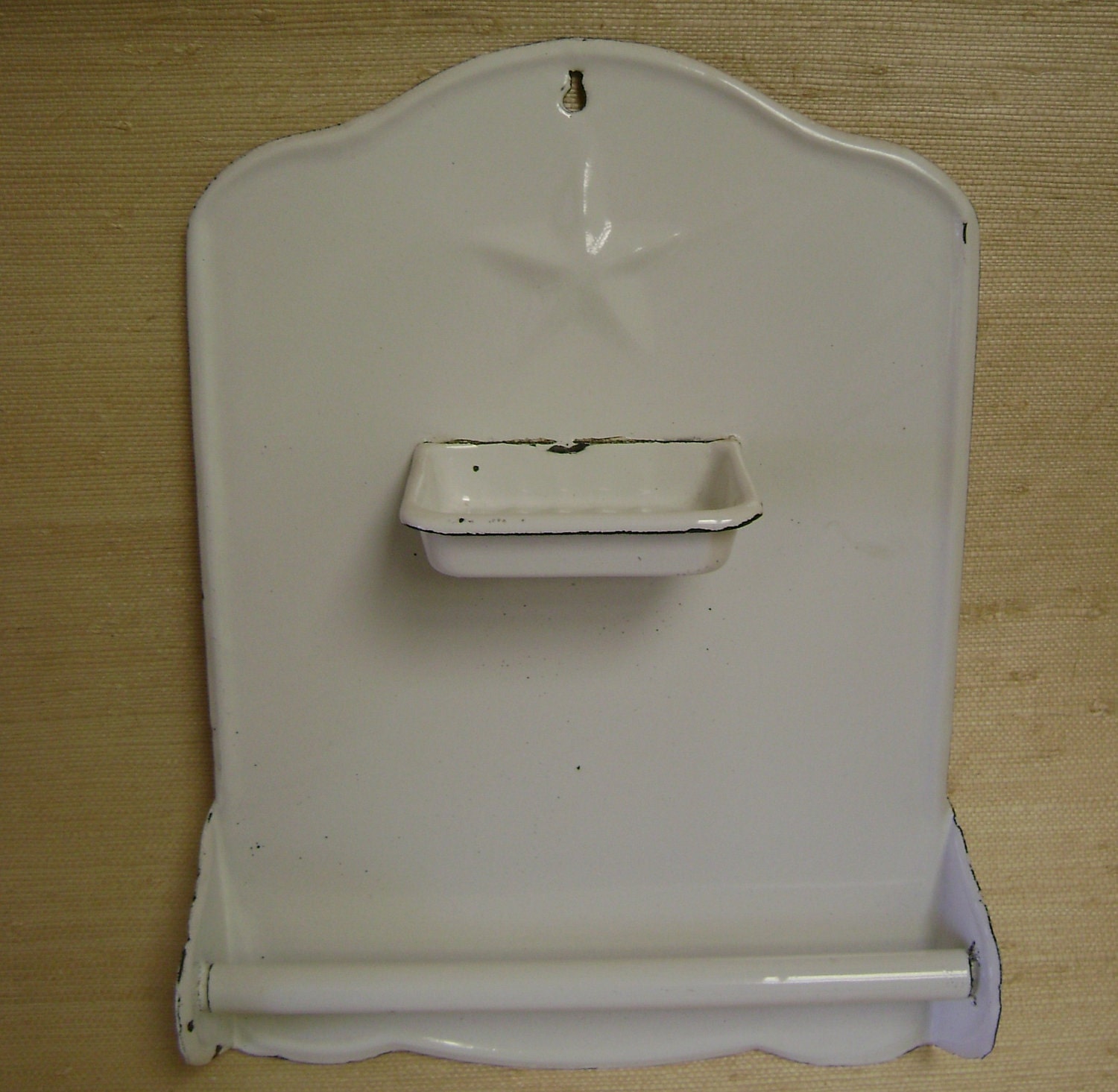 Vintage Enamelware Hanging Soap Dish with Towel Rack