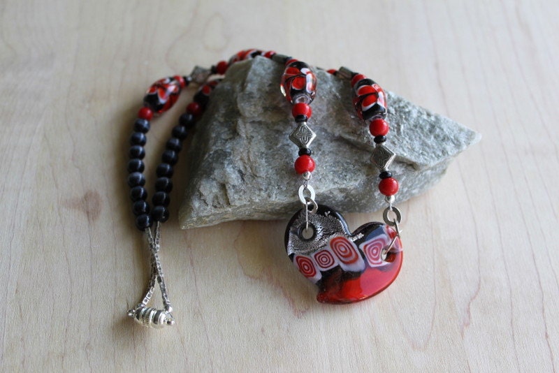 Black, Red & White Abstract Heart Necklace
