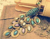 Markdown Sale - 2USD Off - Elegant Vintage Style Baby Blue Crystal With Colorful Resin Feather Prancing Peacock Pendant Long Necklace