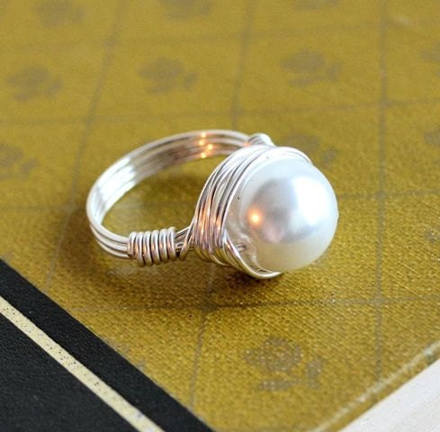 Romantic Lovely Wire Wrapped Ring- Custom Size Ring Swarovski Pearl Cream, White, Ivory