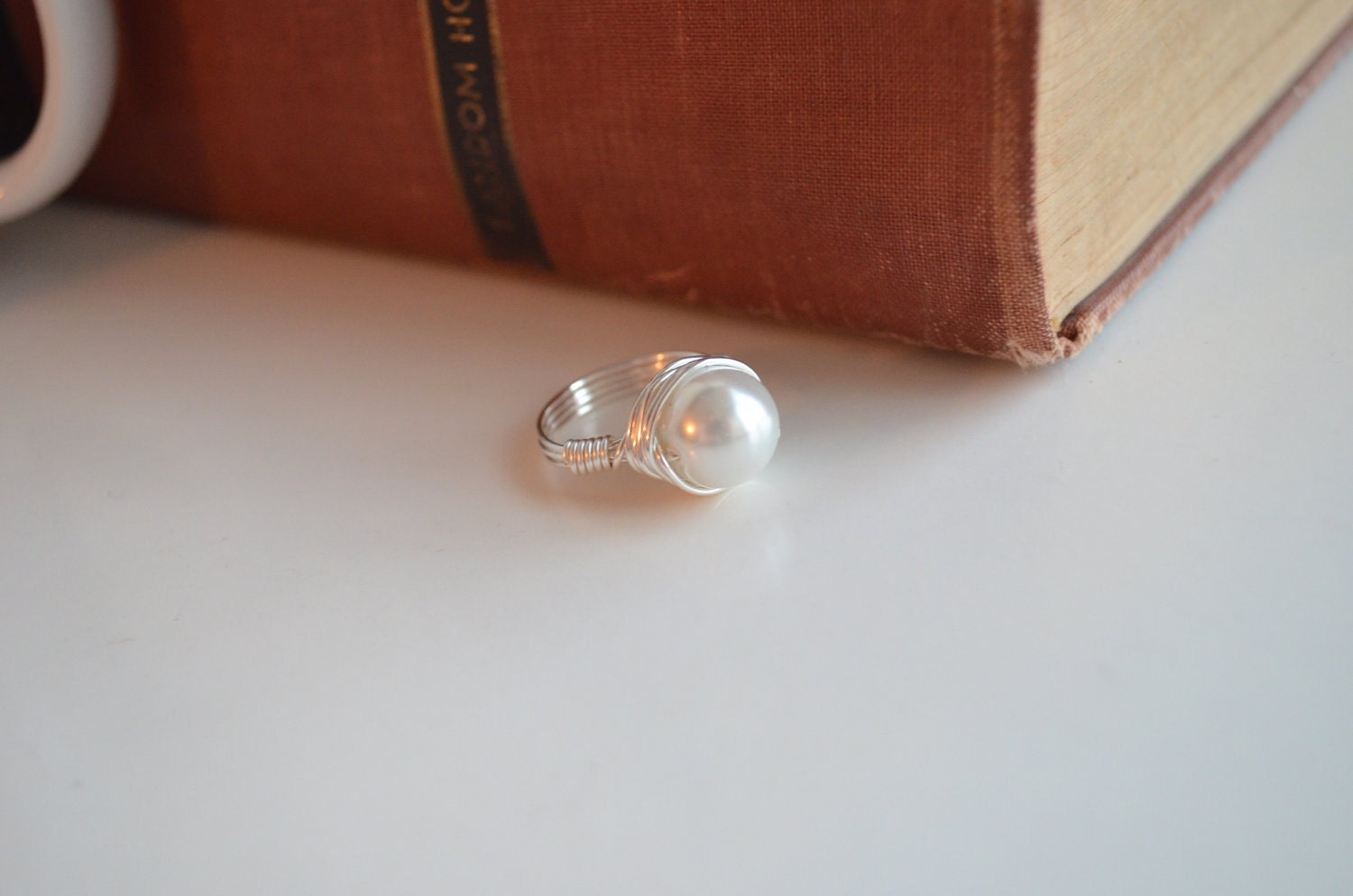 Romantic Lovely Wire Wrapped Ring- Custom Size Ring Swarovski Pearl Cream, White, Ivory