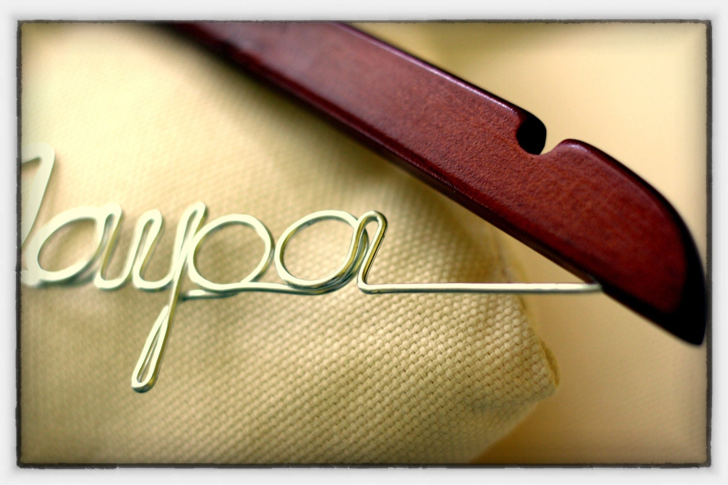 Wedding Dress Hanger with Burlap Flower - Cherry Finish Custom Bridal Hanger