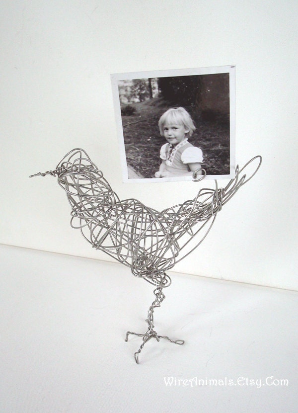 Handmade Wire Bird Sculpture - SILVER SPIRAL Bird - Photo Holder
