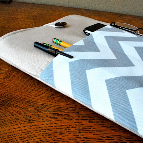 15 inch laptop Macbook Mac book Pro Cover Padded Case Sleeve - Linen with Linen with Grey White Chevron Zig Zag Fabric Pocket