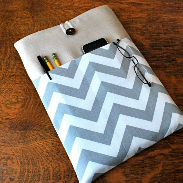 15 inch laptop Macbook Mac book Pro Cover Padded Case Sleeve - Linen with Linen with Grey White Chevron Zig Zag Fabric Pocket