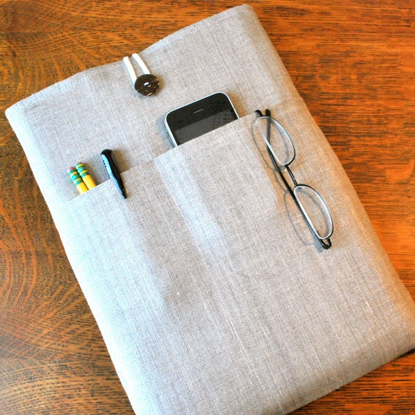 13 inch laptop Macbook Mac book Pro or Air Padded Case Sleeve - Natural Oatmeal Tan Linen Fabric with Pocket
