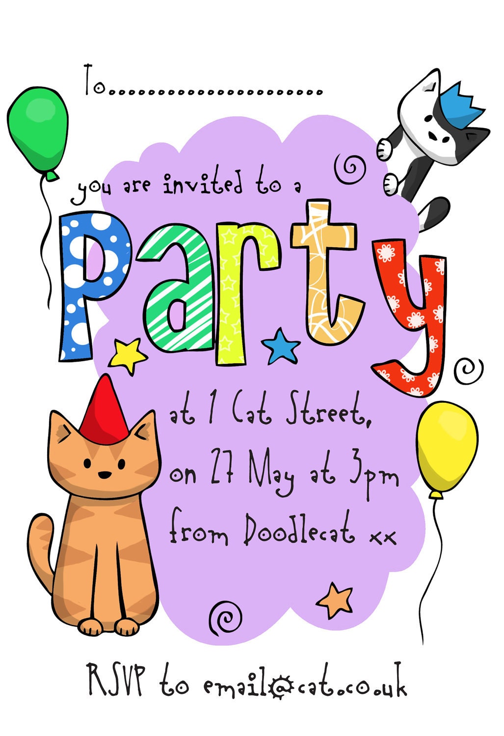 Purple Cat Party Invite - custom downloadable pdf
