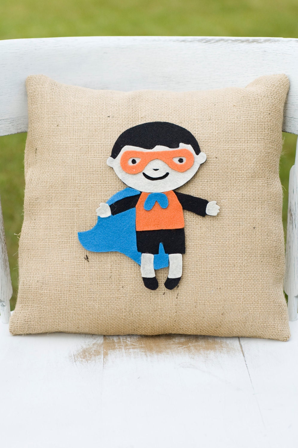 Wonderboy- Decorative Felt Superhero Burlap Pillow 14x14