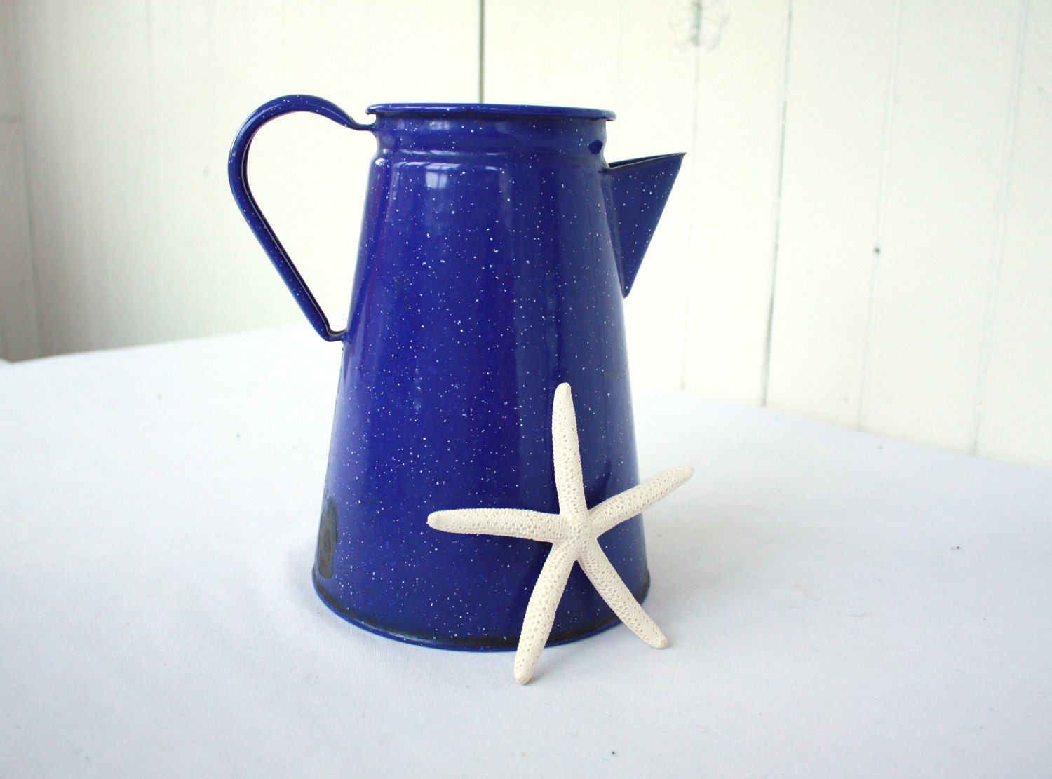Vintage Blue Enamel Pitcher Coffee Pot Farmhouse Country Cottage Casual Wedding