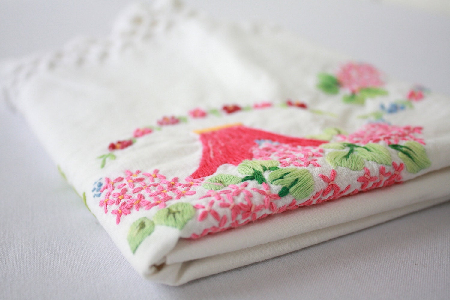 Vintage Hand Embroidered Pillowcase Pink Basket of Flowers With Crocheted Trim Mothers Day