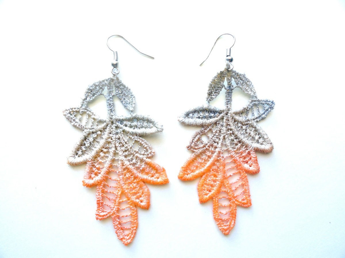 Lace Earrings Orange and Gray Ombre Leaves - Hand Painted Customizable Colors