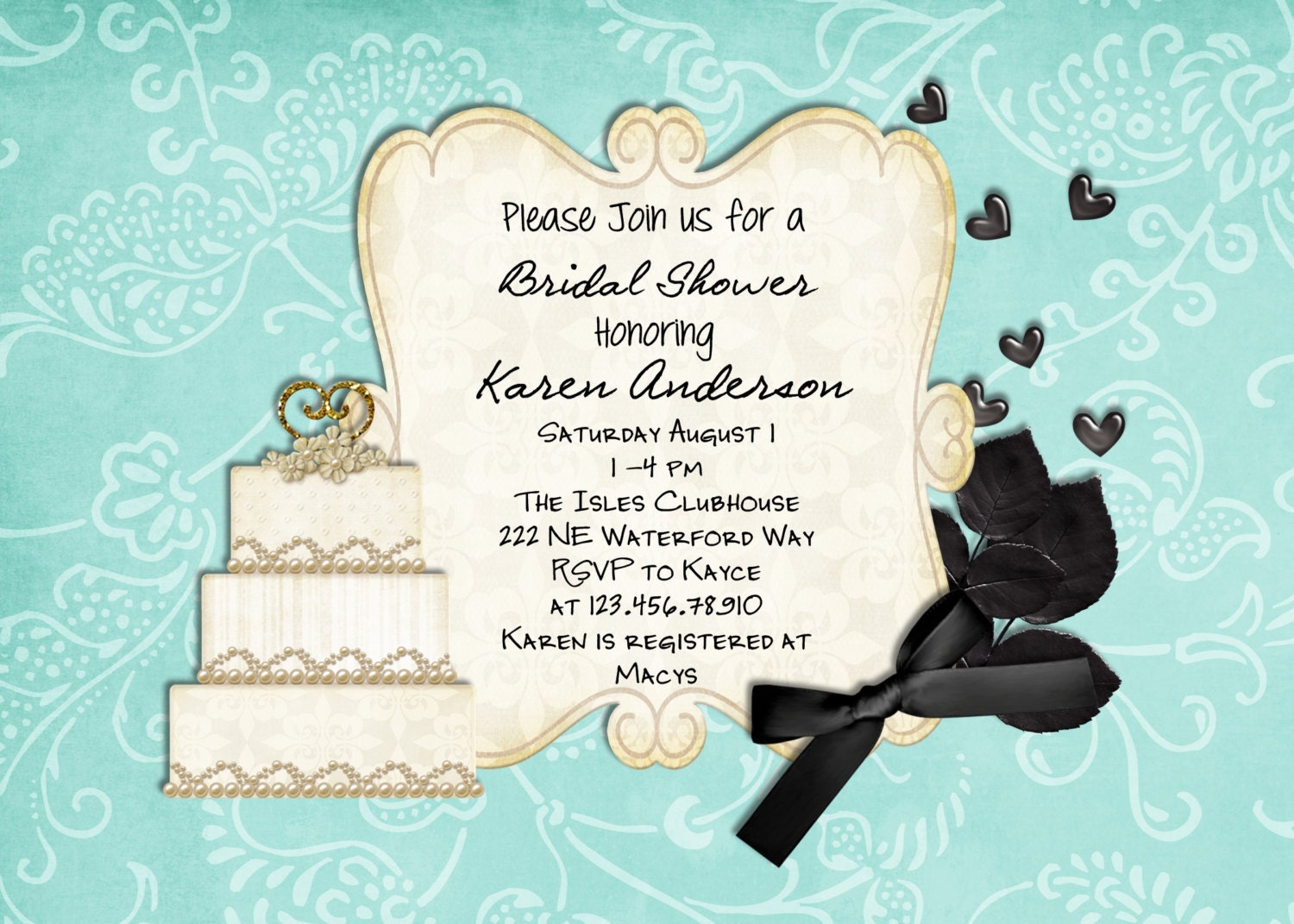 Bridal Shower Invitation Wedding Cake Printable Teal Custom Il_170x135