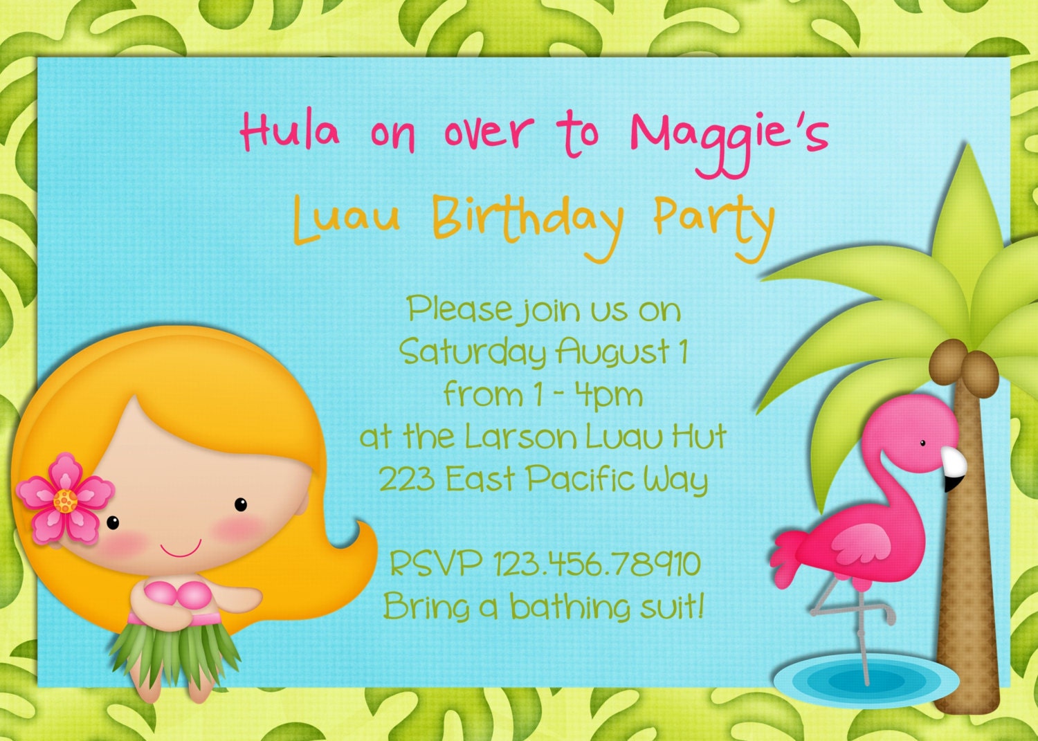 Hula Girl Birthday Party Invitation Luau Tropical Hawaiian Custom Printable