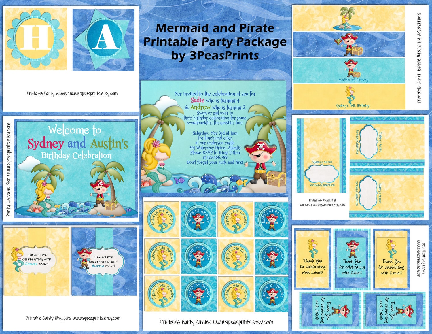 Mermaid and Pirate Birthday Party Printable Package Personalized Il_170x135