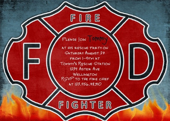 Firefighter Birthday Invitation Fireman Fire by 3PeasPrints