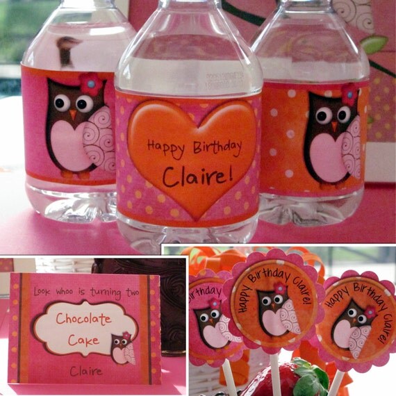 Pink Owl Water Bottle Label Wraps - Digital File You Print Il_570xn