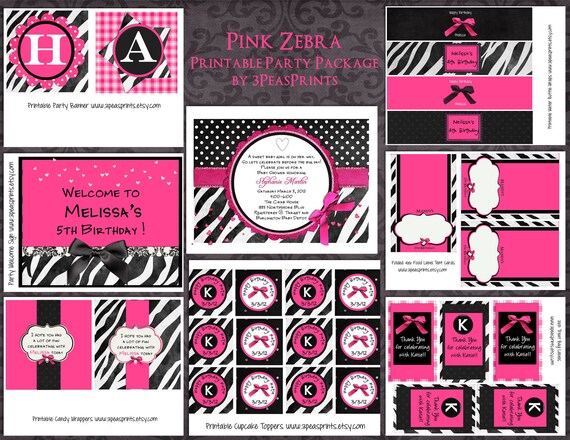 Pink Zebra Birthday Baby or Bridal Shower Package - Printable Hot Pink Zebra Design Custom You Print Il_570xn