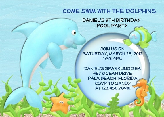 Dolphin Fish Pool Party Birthday Invitation Printable Custom Il_570xn