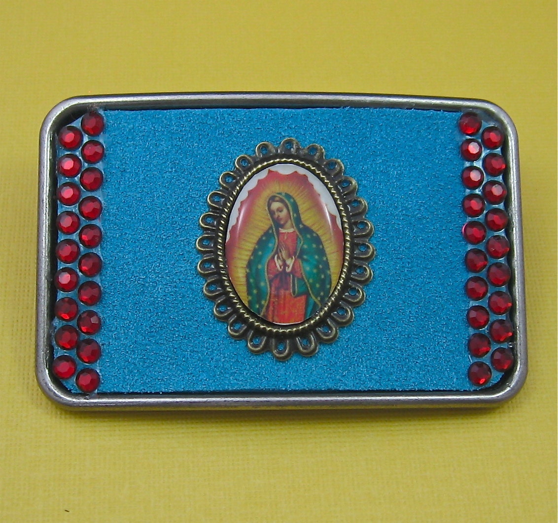 GUADALUPE turquoise suede leather red rhinestones belt buckle graphic image by Crazy Daisy Rocks