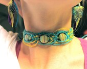 Fishbone Hemp Necklace/Headband/Belt with Striped Glass Beads