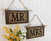 Wedding chair signs MR & MRS distressed BROWN Hanging burlap