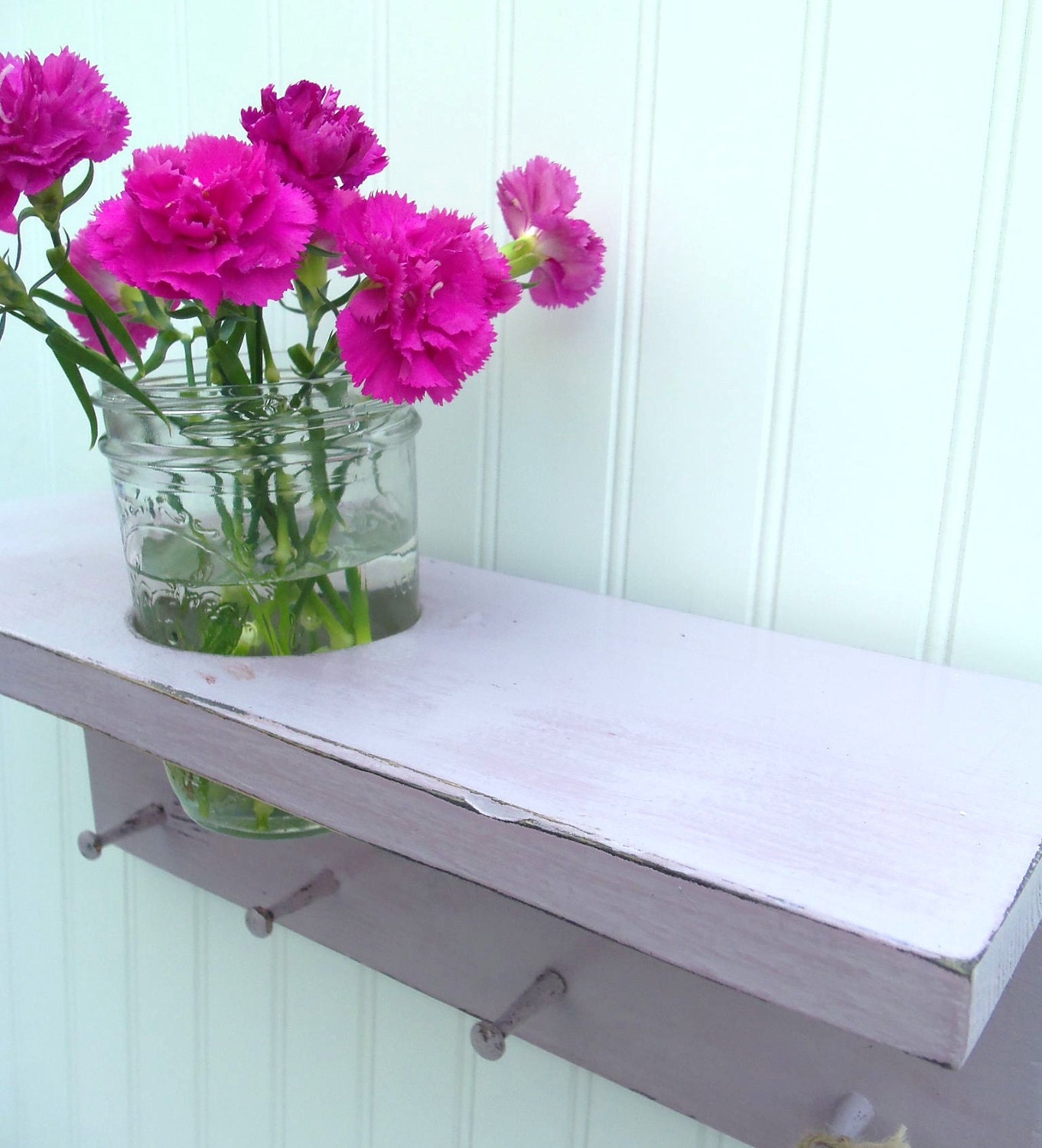 Lilac wood shelf with hooks Flower vase holder