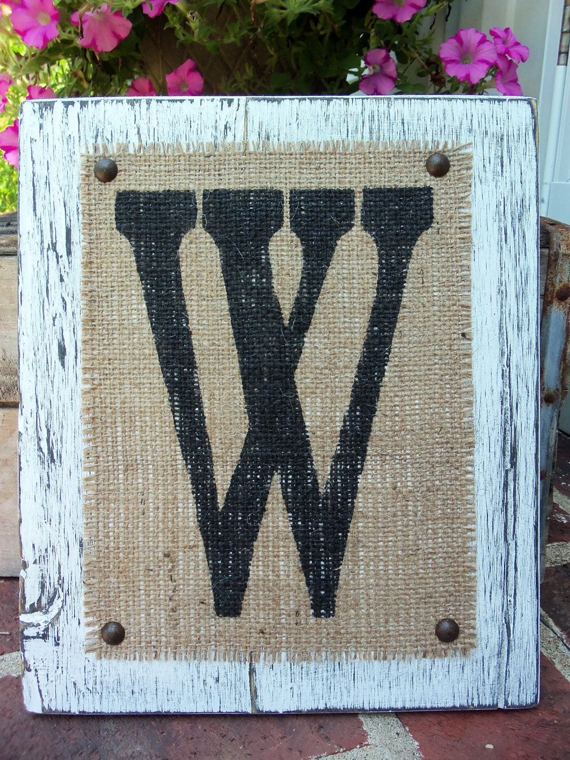BURLAP MONOGRAM sign Personalized any letter A-Z, Initials, Name letters, Vintage Style, 12x10