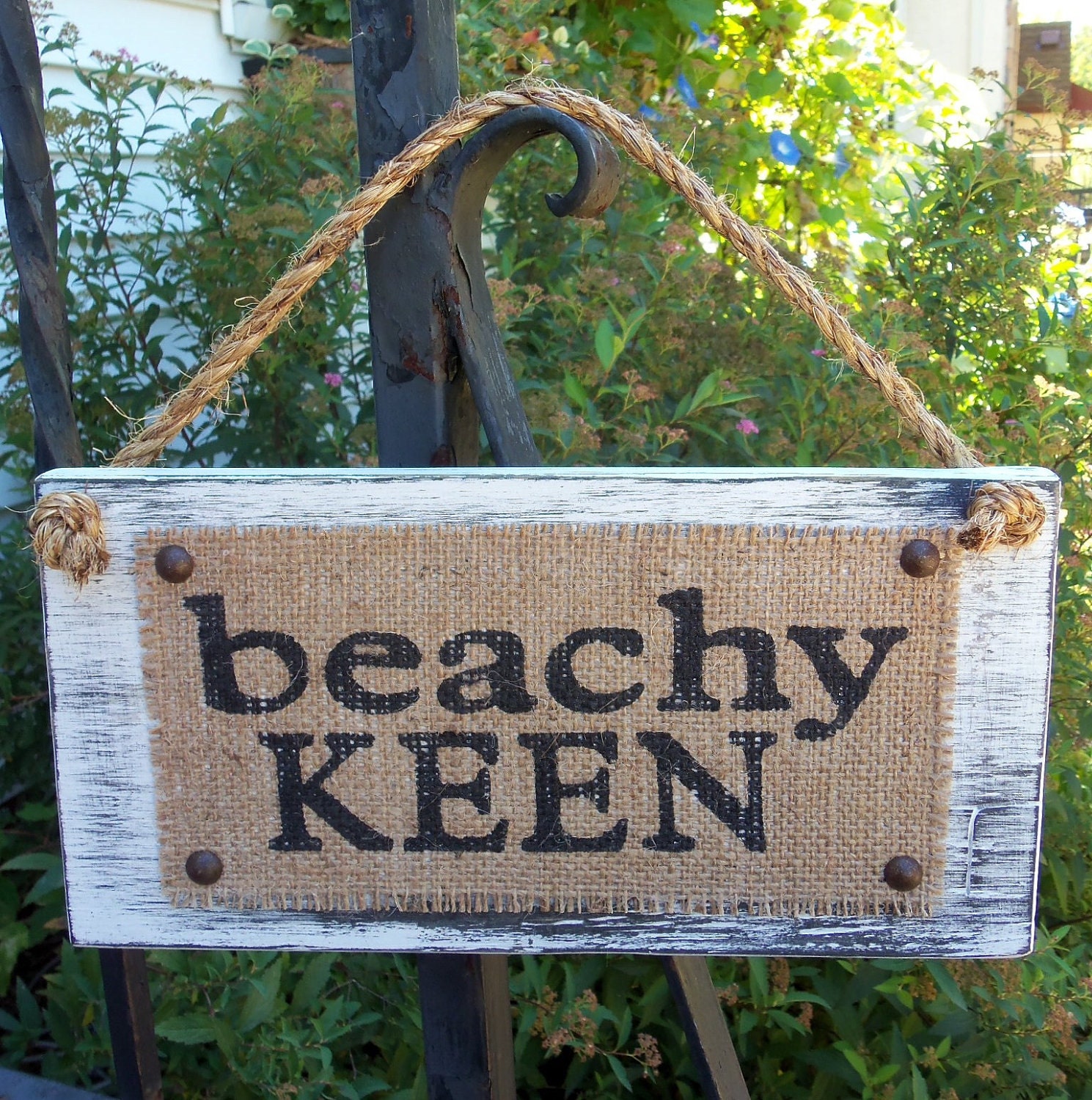 BEACHY KEEN Burlap Distressed Custom Cottage Sign