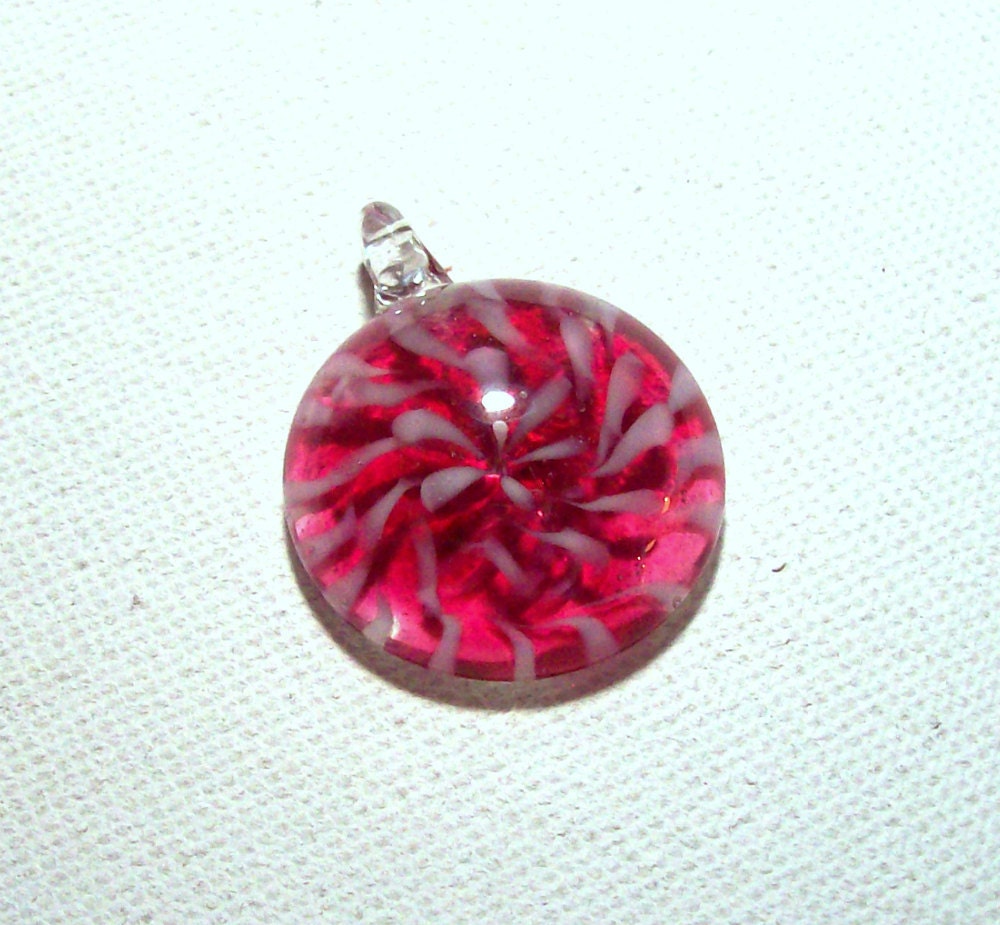 Dark Pink and White Swirl Art Glass Pendant - 30mm (1)
