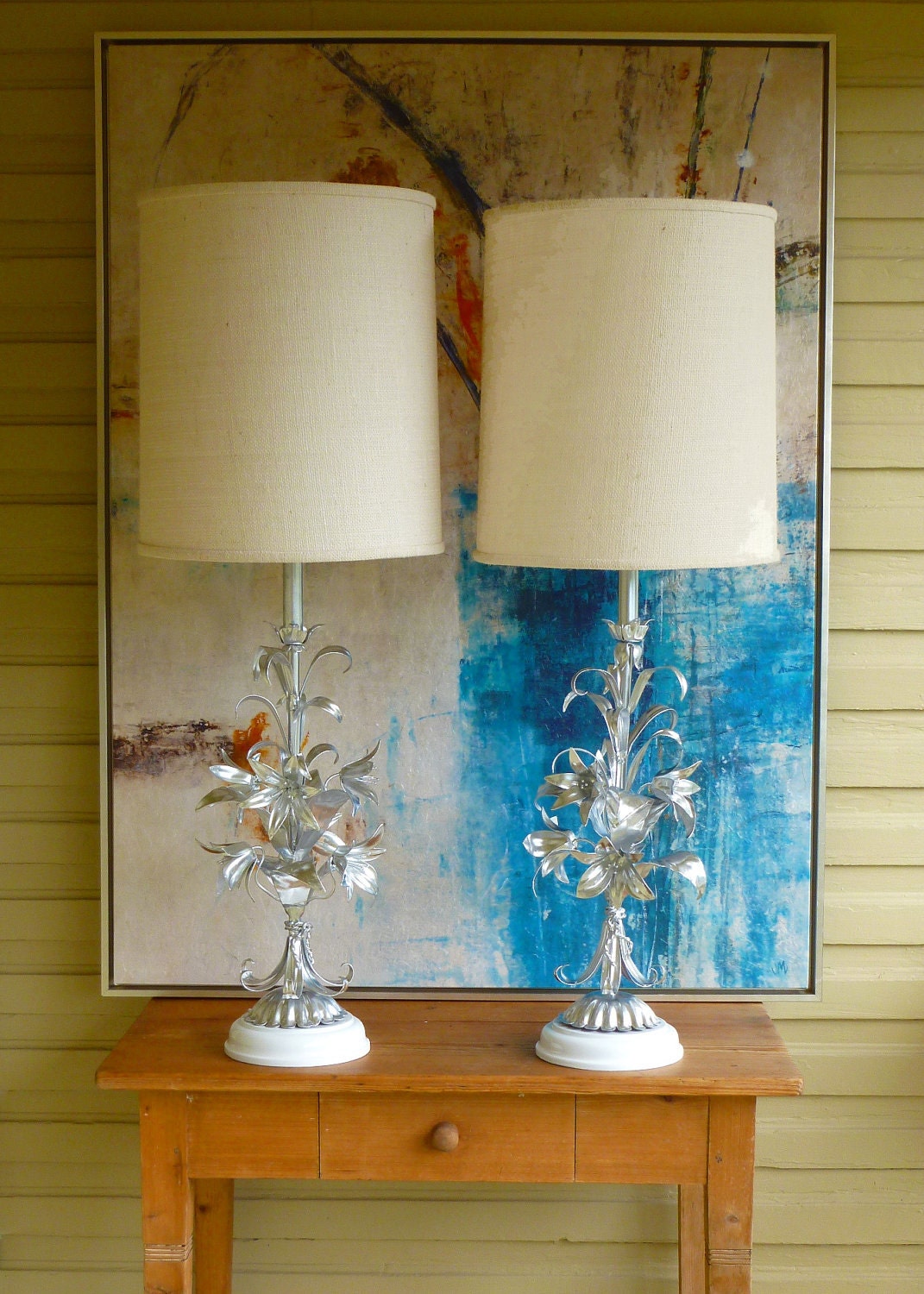 RESERVED for elisiaabrams. Refurbished Pair of Vintage, Mid Century, Hollywood Regency, GLAM, White and Silver Italian Gilt Flower Lamps.