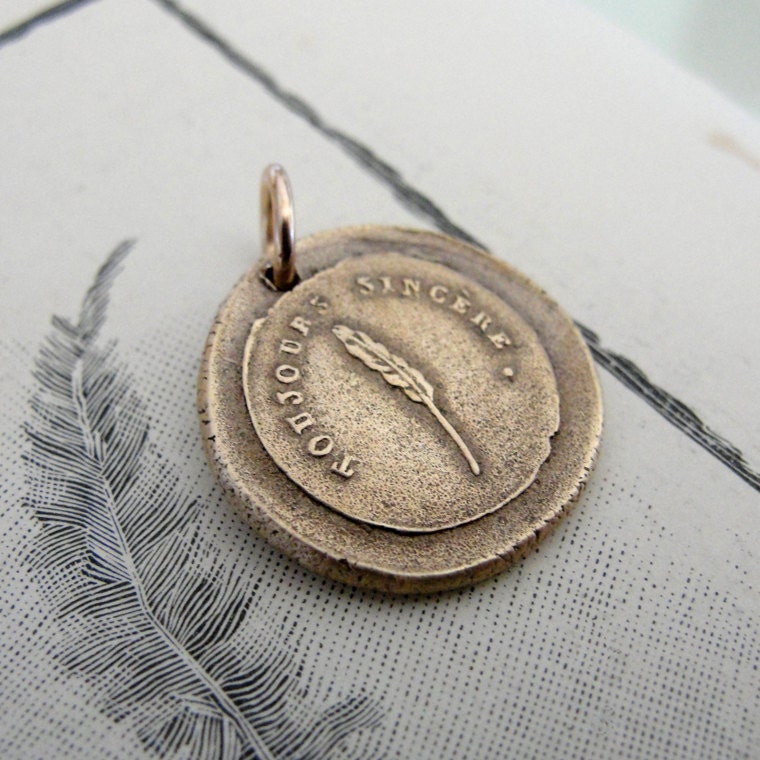 Always Sincere - antique wax seal pendant with feather in bronze - French heartfelt truth and honesty motto