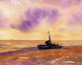 Print Watercolor Painting Boat Beach Sunset 8x12 by Alicia VanNoy Call