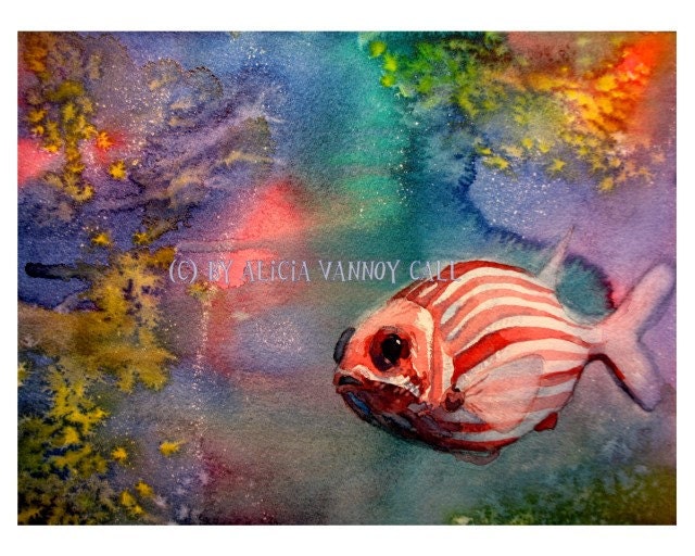 Watercolor painting, Pink striped Fish 8x10 by Alicia VanNoy Call, Print