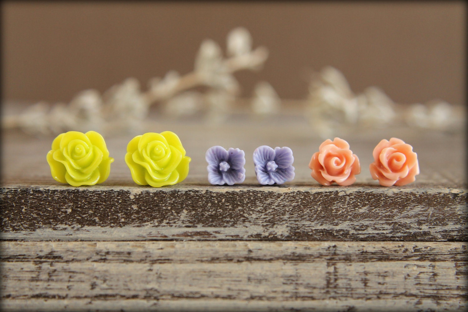 Flower Earring Studs Trio: Chartreuse Scrunch Rose, Lilac Sakura Blossom, Vintage Pink Rose