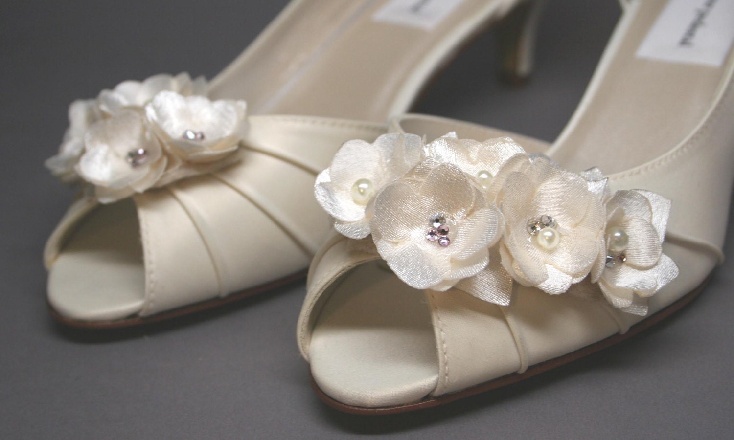 Ivory Wedding Shoes -- Ivory Satin Kitten Heels with Wedding Flower Details