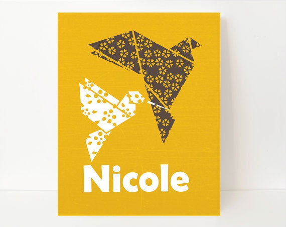 Mustard Nursery Wall Art, Name art, Origami Flying Birds, Origami Bird Art, 8x10, Children's room art, Mustard