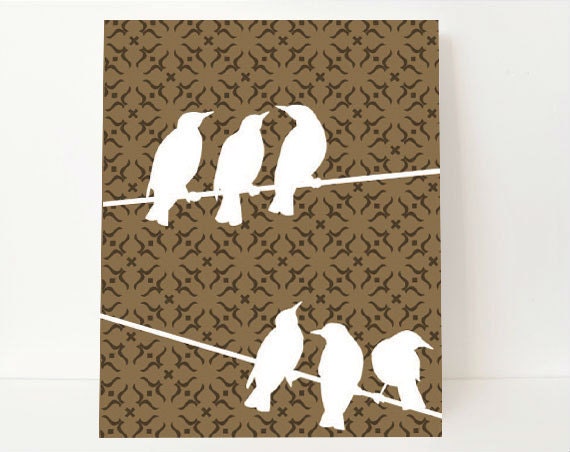 Modern Bird Silhouette Art Print Sparrow Wall Art 8x10 charcoal gray brown Birds On A Line