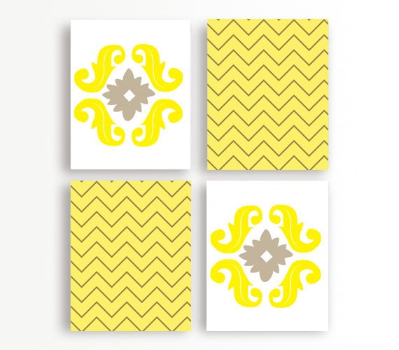 Set of Four Chevron & Damask Art Prints, 8x10, Modern Wall Art, Yellow and Gray Pattern Art Prints