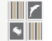 Set of Four Sea Gray Stripe Beach Art Prints, Crab and Dolphin, 8x10, Marine Life Art, Gray Beige and White Marine animals Silhouette