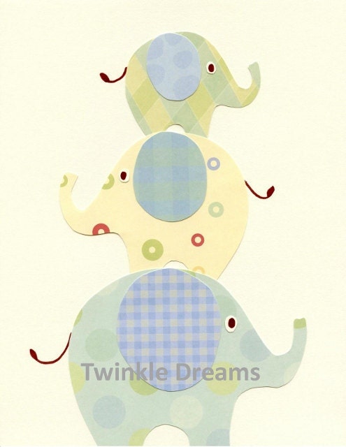 Baby Nursery Art Room Decor Elephant Blue and Green - Elephants Three - Children's/Nursery Art