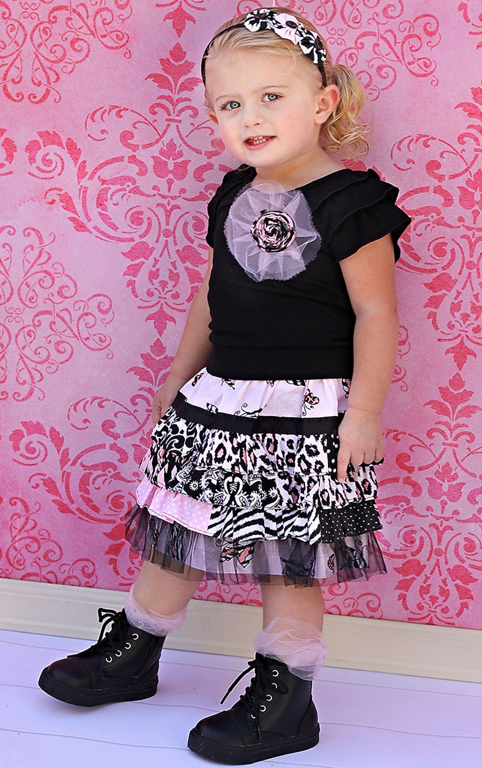 READY TO SHIP Size 2T Designer Ruffle Skirt with Flower Pin and Matching Yo Yo Headband