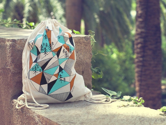 Geometric mountain- screen printed canvas backpack tote