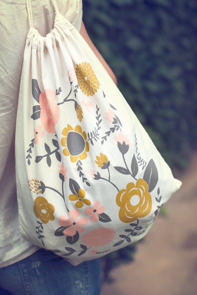 Flowers - screen printed canvas backpack tote
